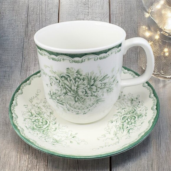 Vintage Rörstrand Sweden Grön Anna Teacup And Saucer Set Green Floral Porcelain - Picture 1 of 16